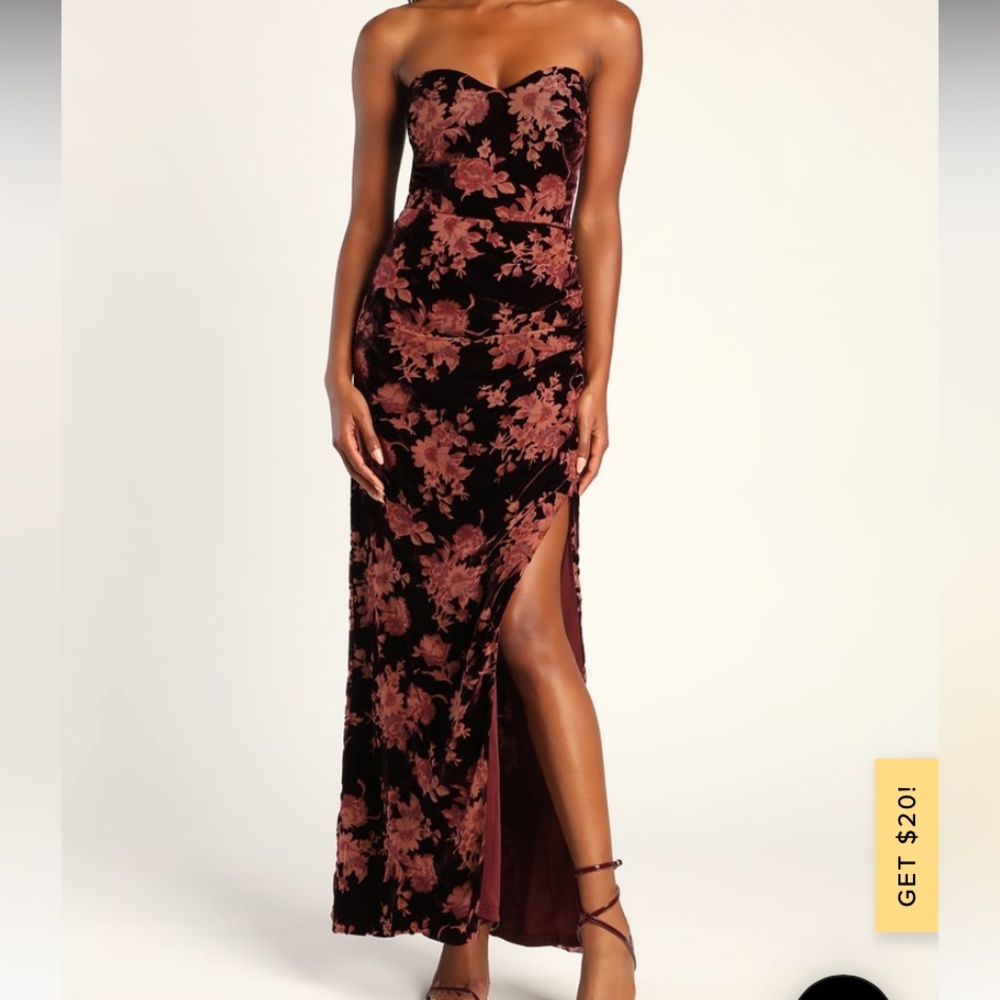 Exquisite Wine Red Floral Burnout Velvet Strapless Maxi Dress